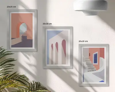 Tryptyk z ilustracjami architektury miejskiej w stylu minimalistycznym oprawiony w ramy