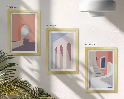 Tryptyk z ilustracjami architektury miejskiej w stylu minimalistycznym oprawiony w ramy