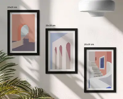 Tryptyk z ilustracjami architektury miejskiej w stylu minimalistycznym oprawiony w ramy