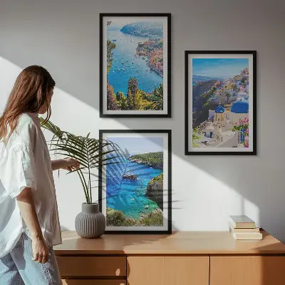 Greckie widoki Santorini Oia zestaw 3 obrazów do salonu