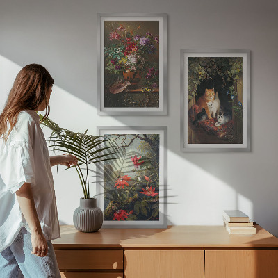 Zestaw obrazów do salonu Vintage kwiaty koty natura