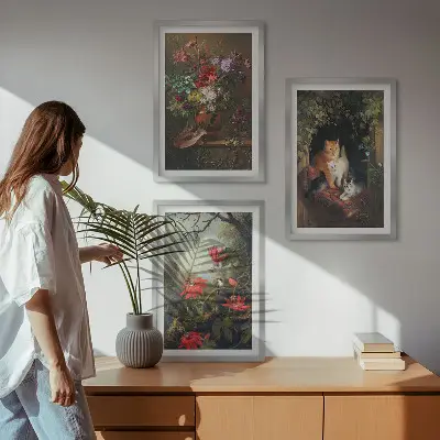 Zestaw obrazów do salonu z motywem vintage kwiaty koty i natura