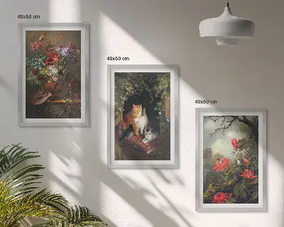 Zestaw obrazów do salonu z motywem vintage kwiaty koty i natura