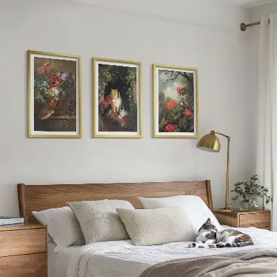 Zestaw obrazów do salonu z motywem vintage kwiaty koty i natura