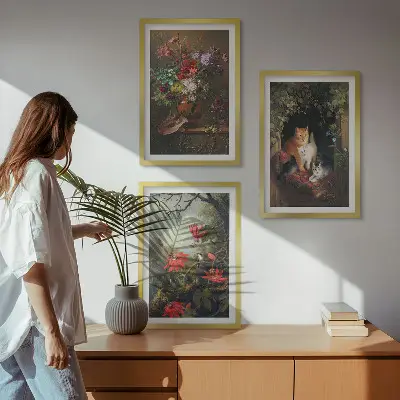 Zestaw obrazów do salonu z motywem vintage kwiaty koty i natura