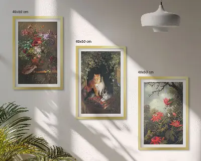 Zestaw obrazów do salonu z motywem vintage kwiaty koty i natura