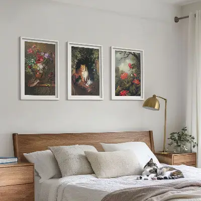 Zestaw obrazów do salonu z motywem vintage kwiaty koty i natura