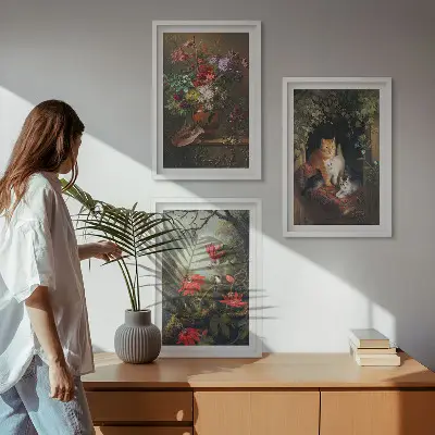 Zestaw obrazów do salonu z motywem vintage kwiaty koty i natura