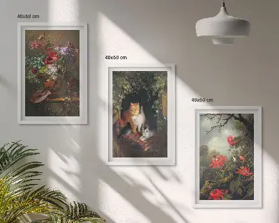 Zestaw obrazów do salonu z motywem vintage kwiaty koty i natura