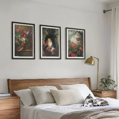 Zestaw obrazów do salonu z motywem vintage kwiaty koty i natura