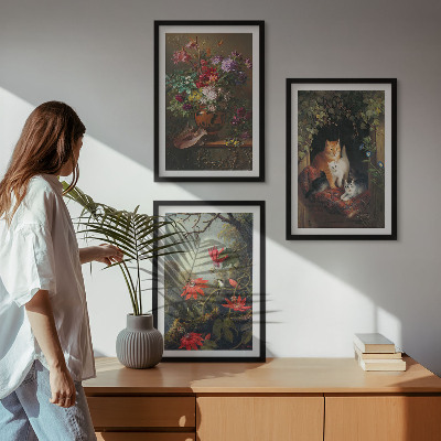 Zestaw obrazów do salonu Vintage kwiaty koty natura