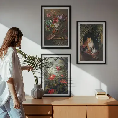 Zestaw obrazów do salonu z motywem vintage kwiaty koty i natura