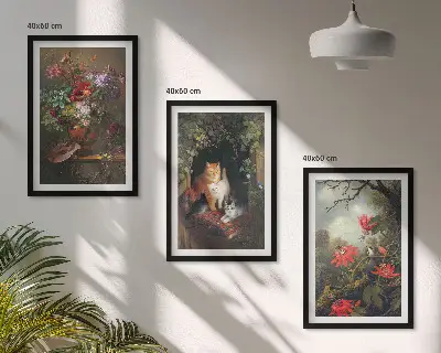 Zestaw obrazów do salonu z motywem vintage kwiaty koty i natura