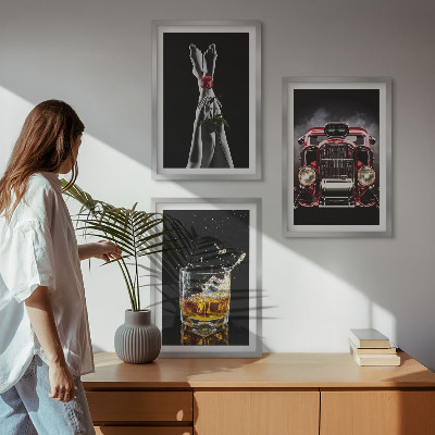 Zestaw 3 obrazów do salonu Kobiece nogi róża auto whisky