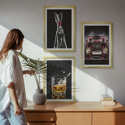 Zestaw 3 obrazów do salonu Kobiece nogi róża auto whisky