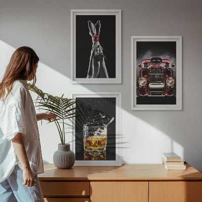 Zestaw 3 obrazów do salonu Kobiece nogi róża auto whisky