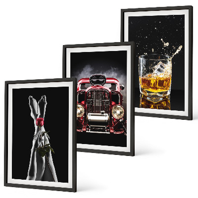 Zestaw 3 obrazów do salonu Kobiece nogi róża auto whisky