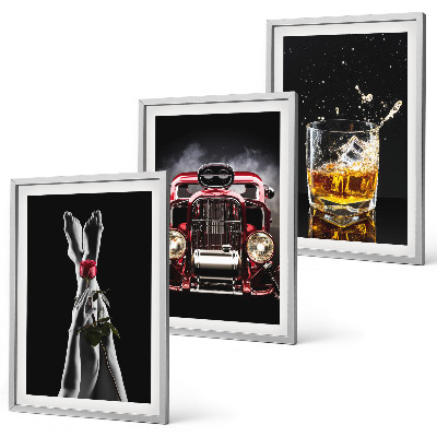Zestaw 3 obrazów do salonu Kobiece nogi róża auto whisky