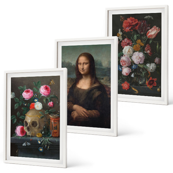 Zestaw obrazów do salonu Kwiaty czaszka portret Mona Lisy