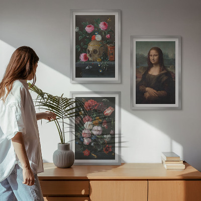 Zestaw obrazów do salonu Kwiaty czaszka portret Mona Lisy