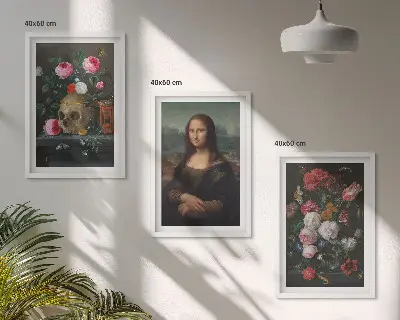 Zestaw obrazów do salonu portret Mona Lisy w stylu kwiatowej czaszki
