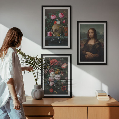 Zestaw obrazów do salonu Kwiaty czaszka portret Mona Lisy