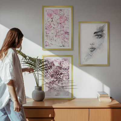 Zestaw 3 obrazów do salonu Piwonie portret kobiety czarno-biały