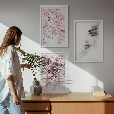 Zestaw 3 obrazów do salonu piwonie i portret kobiety w czerni i bieli