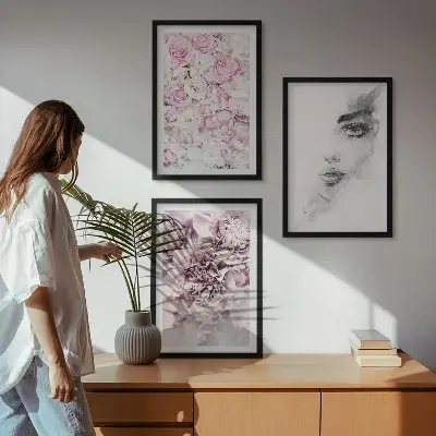 Zestaw 3 obrazów do salonu piwonie i portret kobiety w czerni i bieli