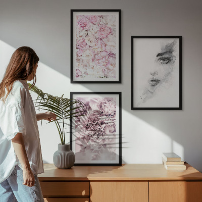 Zestaw 3 obrazów do salonu Piwonie portret kobiety czarno-biały