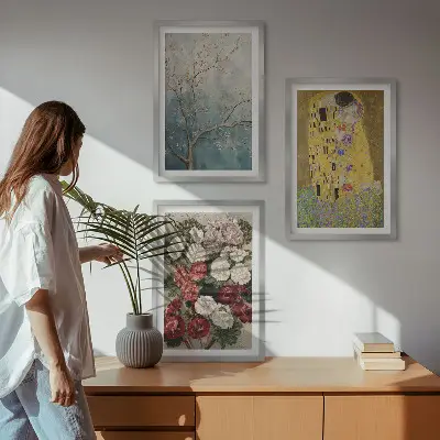 Zestaw obrazów do salonu motyw kwiatów i drzew w stylu malarstwa Klimta