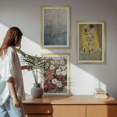 Zestaw obrazów do salonu motyw kwiatów i drzew w stylu malarstwa Klimta