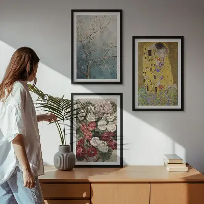 Zestaw obrazów do salonu motyw kwiatów i drzew w stylu malarstwa Klimta