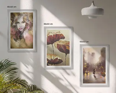 Zestaw 3 obrazów do salonu abstrakcyjny portret kobiety z motywem kwiatów i deszczu