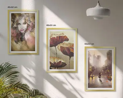 Zestaw 3 obrazów do salonu abstrakcyjny portret kobiety z motywem kwiatów i deszczu