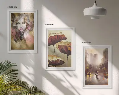 Zestaw 3 obrazów do salonu abstrakcyjny portret kobiety z motywem kwiatów i deszczu