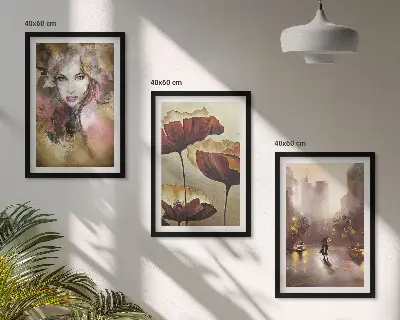 Zestaw 3 obrazów do salonu abstrakcyjny portret kobiety z motywem kwiatów i deszczu
