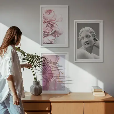 Zestaw obrazów do salonu piwonie i abstrakcyjna rzeźba kobiety