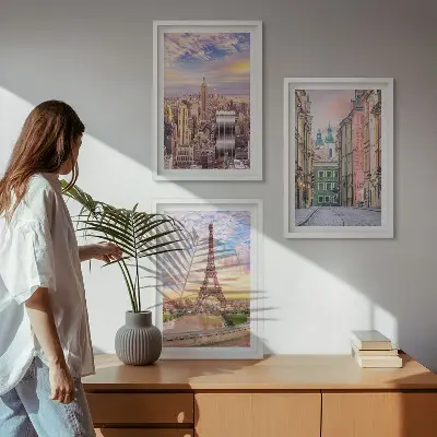 Kompozycja obrazów na ścianę z widokiem na miasta Nowy Jork i Paryż o zmierzchu