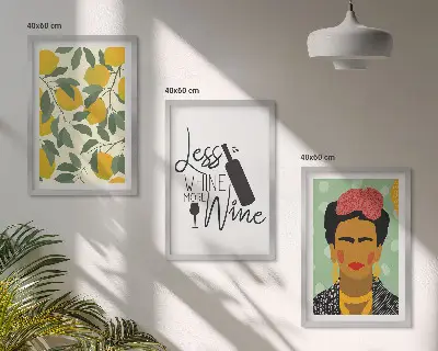 Kompozycja obrazów na ścianę cytryny, wino i portret Fridy