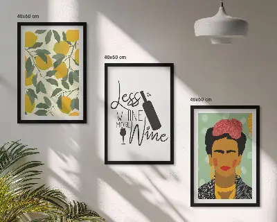 Kompozycja obrazów na ścianę cytryny, wino i portret Fridy
