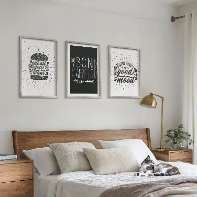 Kompozycja obrazów na ścianę grafika z kulinarnymi hasłami o jedzeniu