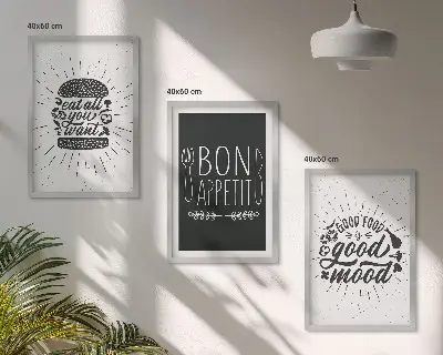 Kompozycja obrazów na ścianę grafika z kulinarnymi hasłami o jedzeniu