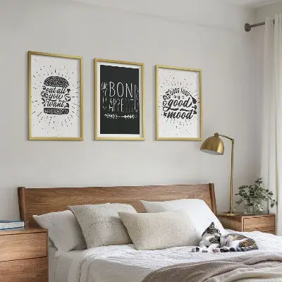 Kompozycja obrazów na ścianę grafika z kulinarnymi hasłami o jedzeniu