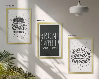 Kompozycja obrazów na ścianę grafika z kulinarnymi hasłami o jedzeniu
