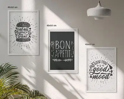 Kompozycja obrazów na ścianę grafika z kulinarnymi hasłami o jedzeniu