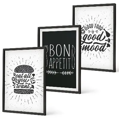 Kompozycja obrazów na ścianę grafika z kulinarnymi hasłami o jedzeniu