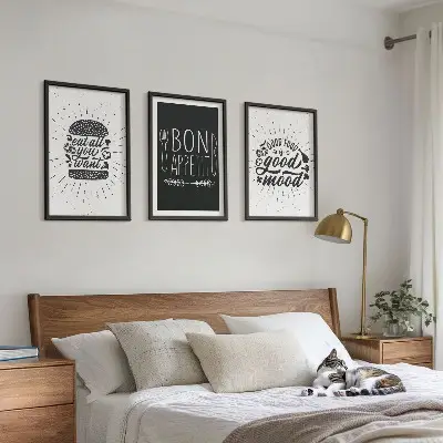 Kompozycja obrazów na ścianę grafika z kulinarnymi hasłami o jedzeniu