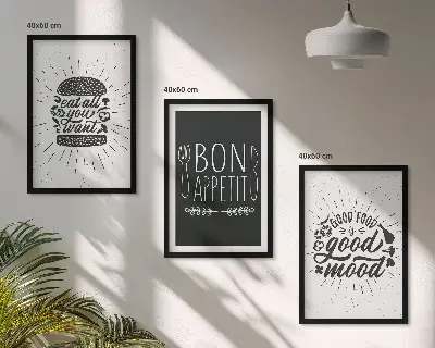 Kompozycja obrazów na ścianę grafika z kulinarnymi hasłami o jedzeniu
