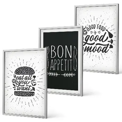 Kompozycja obrazów na ścianę grafika z kulinarnymi hasłami o jedzeniu